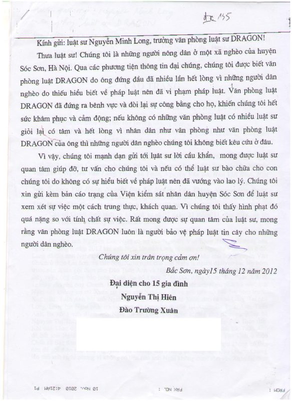 Văn phòng luật sư tại Hà Nội nhận đơn mời luật sư của đại diện 15 hộ gia đình tại Sóc Sơn