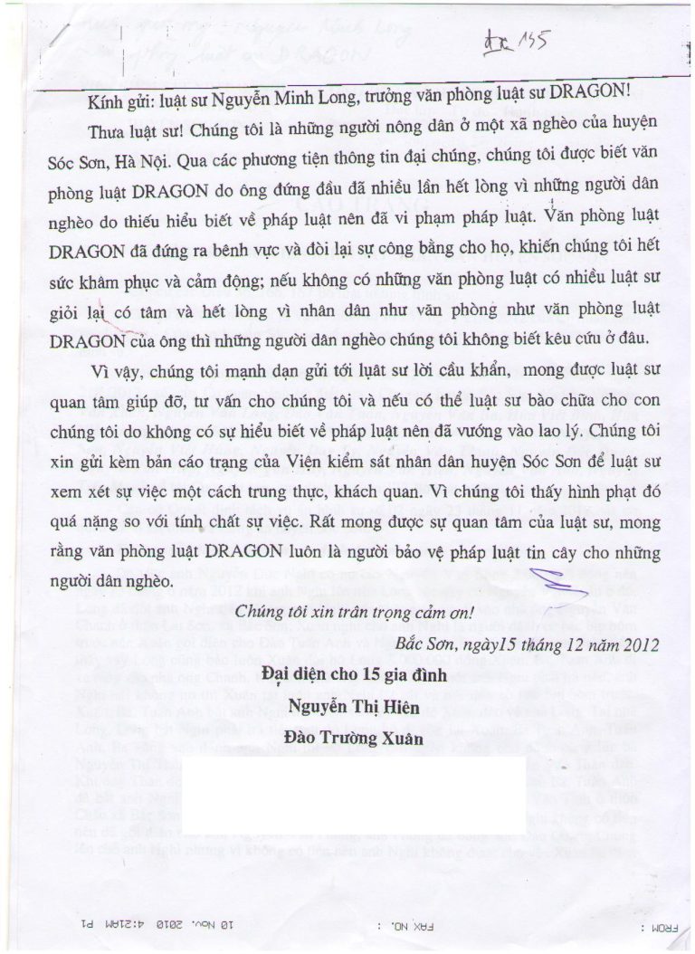 Văn phòng luật sư tại Hà Nội nhận đơn mời luật sư của đại diện 15 hộ gia đình tại Sóc Sơn
