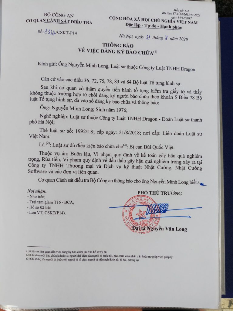 Văn phòng luật sư Dragon nhận được quyết định đưa vụ án ra xét xử trong vụ đại án Tham nhũng, buôn lậu, rửa tiền của Công ty nhật cường