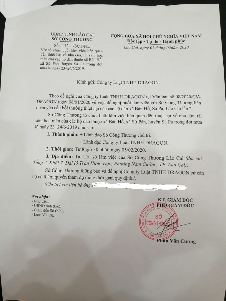 Công ty luật Dragon làm việc với lãnh đạo Sở công thương liên quan thiệt hại của các hộ dân xã Bản Hồ trong đợt mưa lũ rạng sáng 24/6/2019