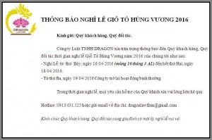 Văn phòng luật sư Dragon thông báo nghỉ lễ Giỗ tổ Hùng Vương năm 2016