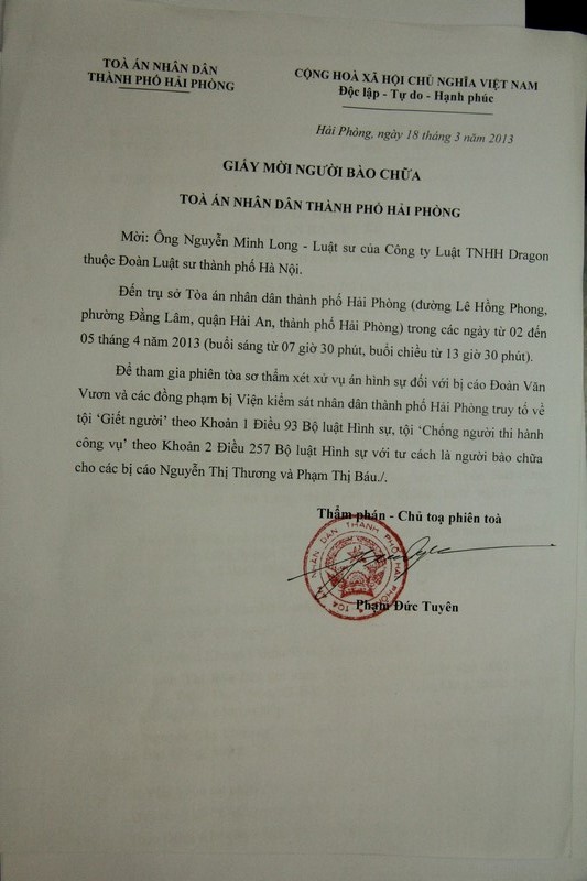 Văn phòng luật sư Dragon tại Hà nội nhận được giấy mời và quyết định của Tòa án nhân dân thành phố Hải phòng