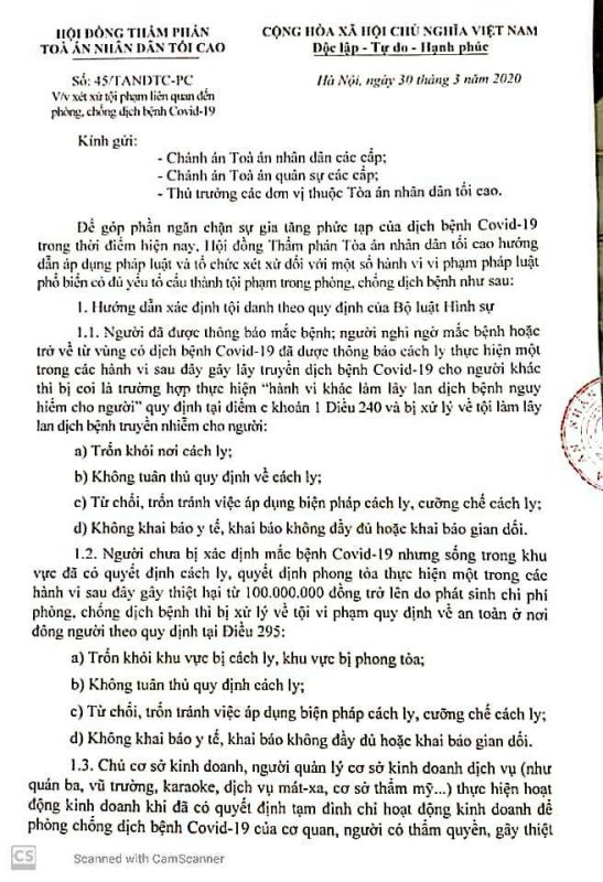 Ý nghĩa của văn bản số 45/TANDTC-PC về xét xử tội phạm liên quan đến phòng chống dịch bệnh Covid -19 Ý nghĩa của văn bản số 45/TANDTC-PC về xét xử tội phạm liên quan đến phòng chống dịch bệnh Covid -19