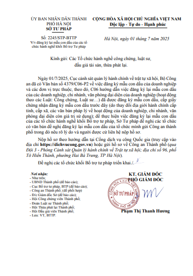 Thông báo V/v đăng ký lại mẫu con dấu của các tổ chức hành nghề khối Bổ trợ Tư pháp