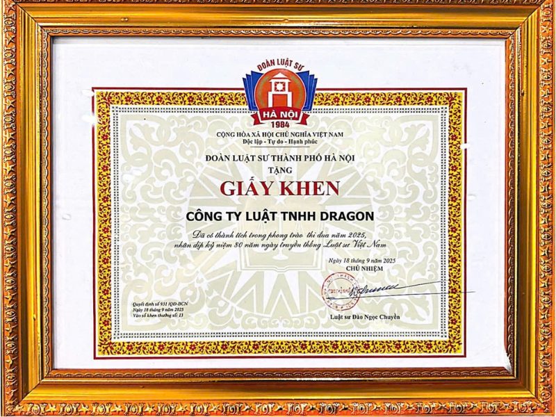 Công ty Luật TNHH Dragon vinh dự nhận Giấy khen của Đoàn Luật sư TP Hà Nội Phu Gia Chong Tich Dien Nhua 9
