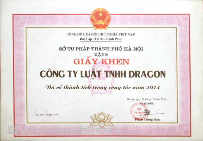Bằng khen / chứng nhận Công ty Luật Dragon 13
