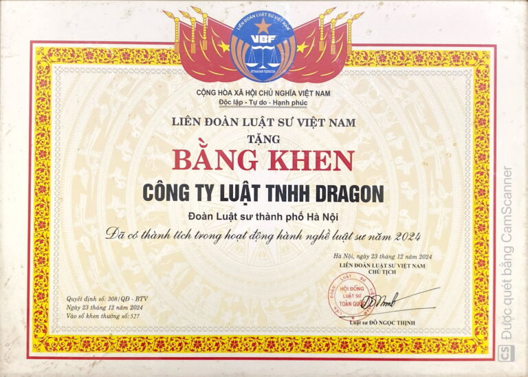Bằng khen / chứng nhận Công ty Luật Dragon 1