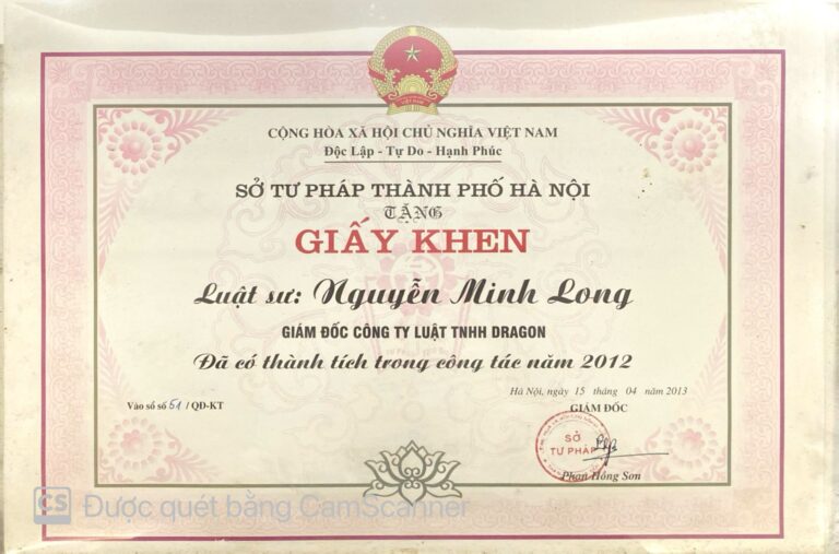 Bằng khen / chứng nhận Công ty Luật Dragon 15