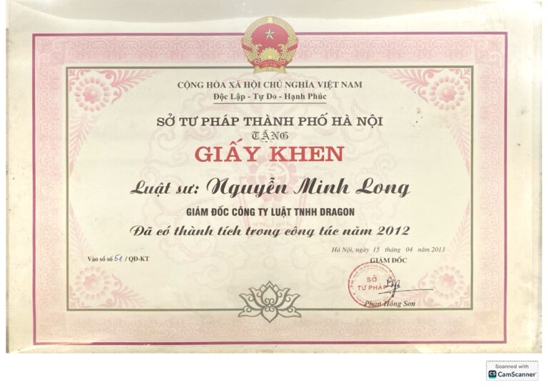 Bằng khen / chứng nhận Công ty Luật Dragon 3