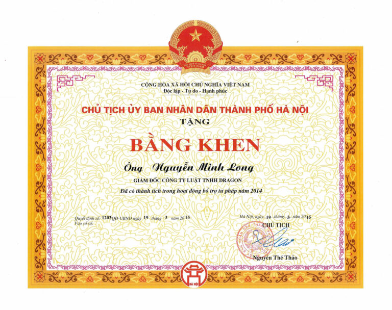 Bằng khen / chứng nhận Công ty Luật Dragon 8