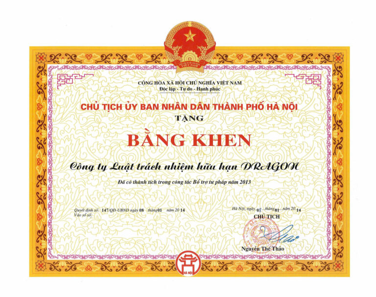 Bằng khen / chứng nhận Công ty Luật Dragon 11